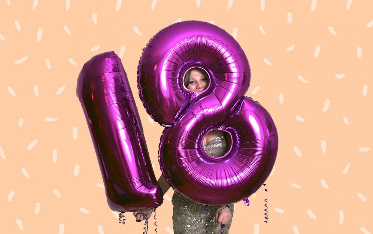 teenager in sequin dress holding giant purple 18 balloons against a pink background with white sprinkles