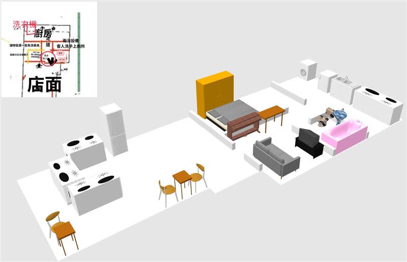 四叉貓連續發文透過3D建模跟平面圖，等比例還原【巧芯早餐店】，全部包括騎樓總共是21.48坪。（圖／翻攝自四叉貓臉書）