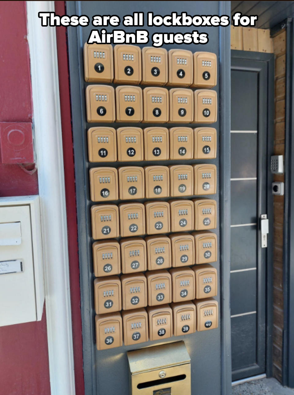 A wall with 40 lockboxes, each numbered from 1 to 40 in 4 columns, are next to a door with a security system keypad