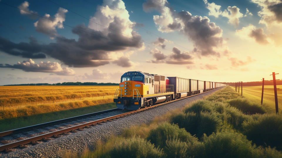 A freight train rolling through the countryside carrying a full load of products.