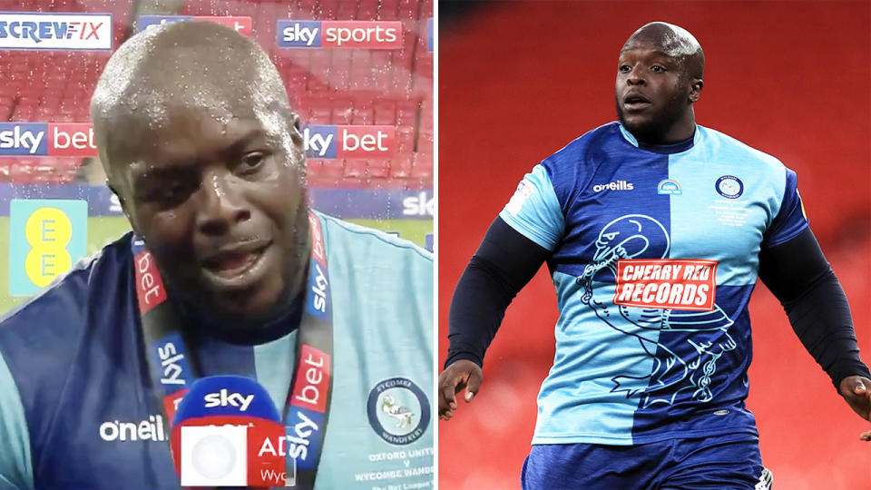 Adebayo Akinfenwa, also known as 'The Beast', made an all-time speech and received a shock from Liverpool coach Jurgen Klopp after he helped Wycombe reach The Championship for the first time in 133 years. (Images: Sky Sports/Getty Images)