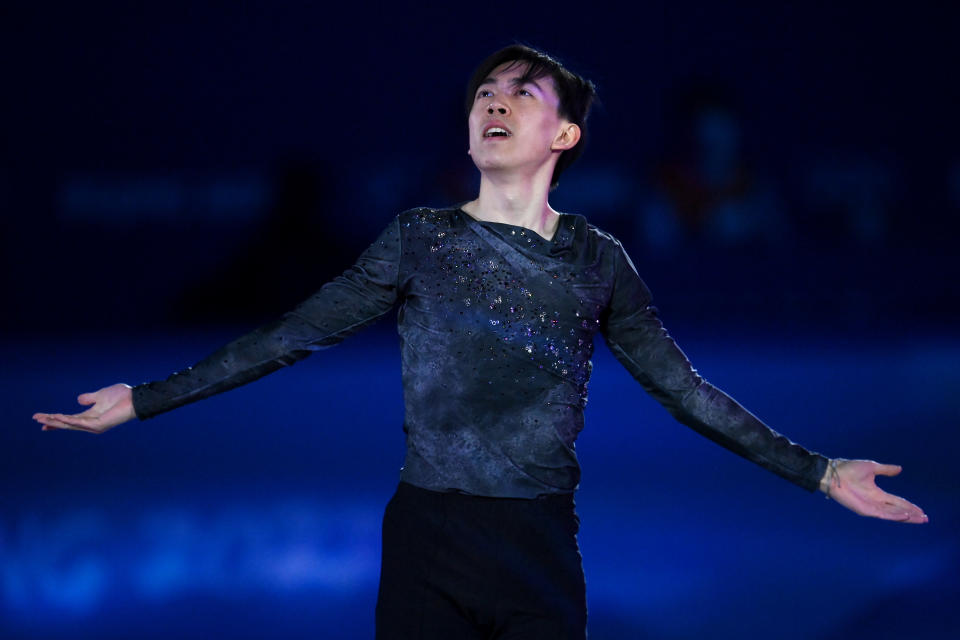 BEIJING, CHINA - FEBRUARY 20: Vincent Zhou of Team United States reacts during the Figure Skating Gala Exhibition on day sixteen of the Beijing 2022 Winter Olympic Games at Capital Indoor Stadium on February 20, 2022 in Beijing, China. (Photo by David Ramos/Getty Images)