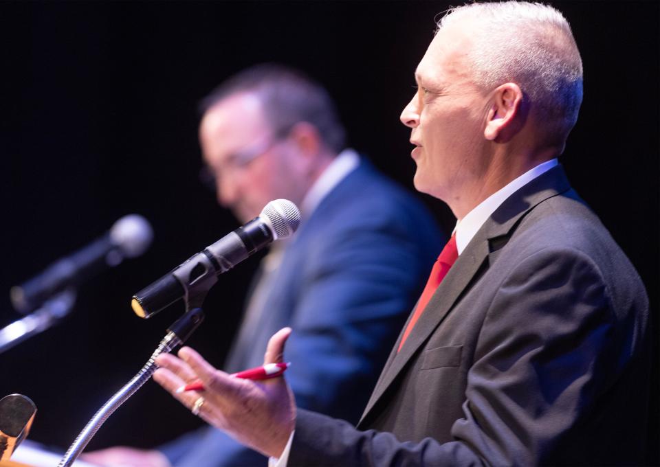 Republican candidate for Canton Mayor Roy Scott DePew answers a question Tuesday at The Future of Canton 2023 Mayoral Debate held at the Canton Cultural Center Theater.
