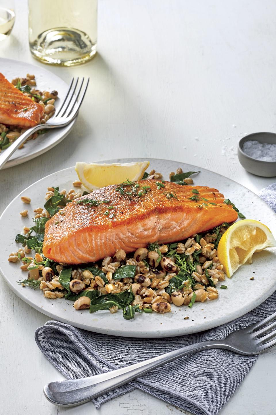 Salmon with Lemony Greens and Grains