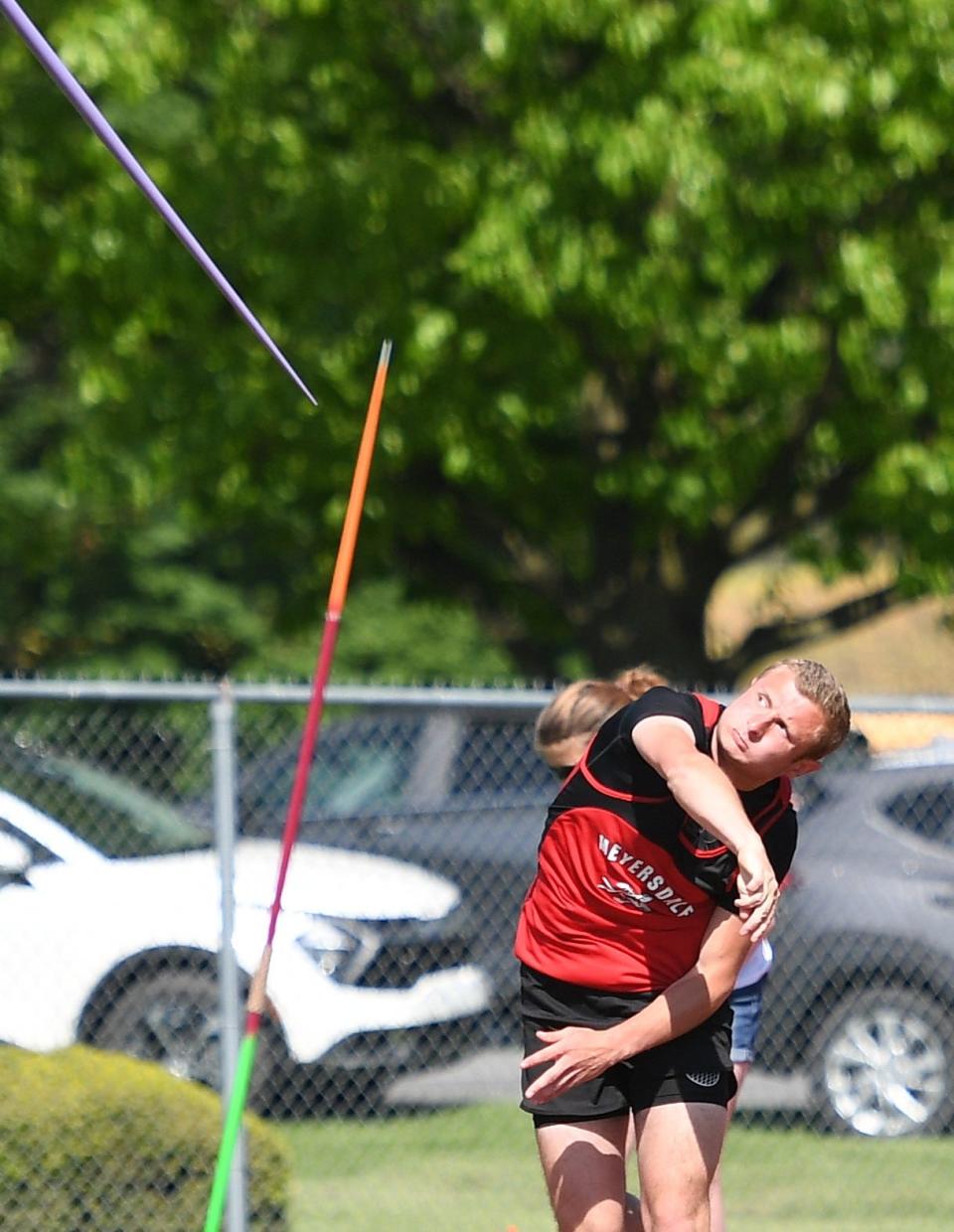 Meyersdale's Bryson Hetz competes in the boys javelin during the District 5 Class 2A Track and Field Championships, Wednesday, at Northern Bedford High School.