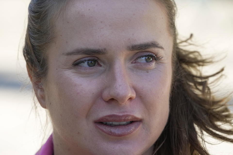 Ukrainian tennis player Elena Svitolina speaks during an interview with The Associated Press in Paris, Wednesday, May 11, 2022. In an emotional interview with The Associated Press Ukrainian tennis player Elena Svitolina saying Russian and Belorussian players should speak up about whether they are against the war and Russia's invasion of Ukraine, and no longer stay silent. (AP Photo/Michel Euler)