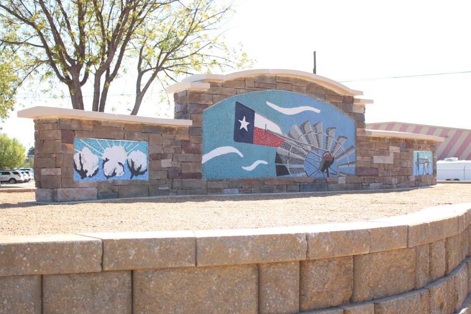 Levelland's new mosaic highway monument is pictured Monday.