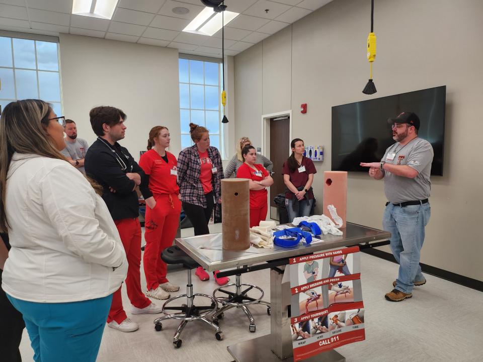 Students from the Texas Tech University Health Sciences Center schools of medicine, nursing, veterinary and more participate in Disaster Day simulations Thursday including a triage station, basic life-saving and bleed control, team lift skills, an AMBUS (ambulance bus) station and an animal rescue station.