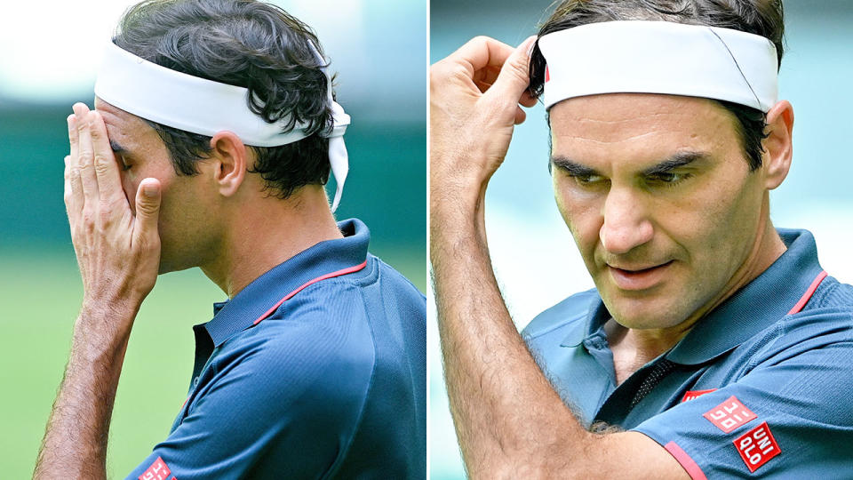 Seen here, Roger Federer cut a dejected figure in the second round of the Halle Open.