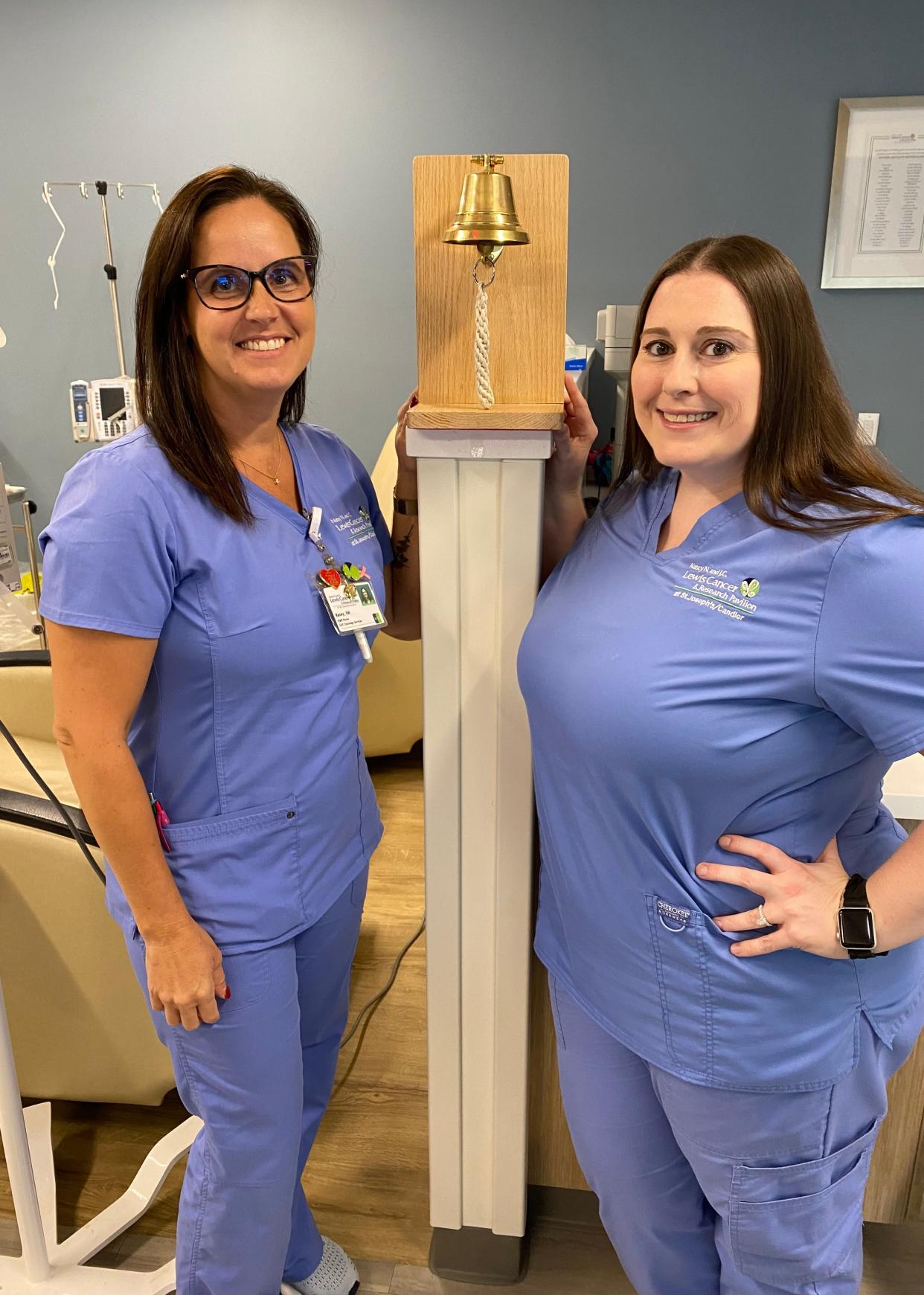 Oncology nurses Kasey Strickland and Celeste Wiggins at the celebratory bell patients ring when they complete their treatments