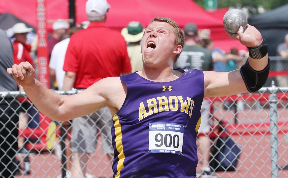 Boaz Raderschadt of Watertown placed xxx in the Class AA boys' shot put during the 2023 South Dakota State High School Track and Field Championships that concluded on Saturday, May 27, 2023 at Howard Wood.