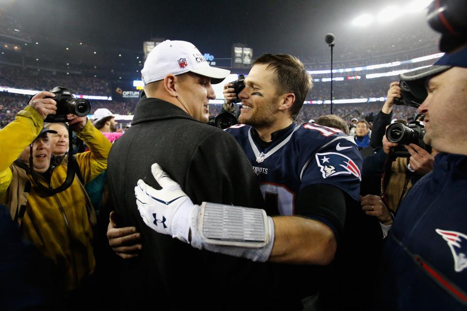 <p>Rob Gronkowski #87 of the New England Patriots hugs Tom Brady #12 after the New England Patriots defeated the Pittsburgh Steelers 36-17 to win the AFC Championship Game at Gillette Stadium on January 22, 2017 in Foxboro, Massachusetts. (Photo by Jim Rogash/Getty Images) </p>