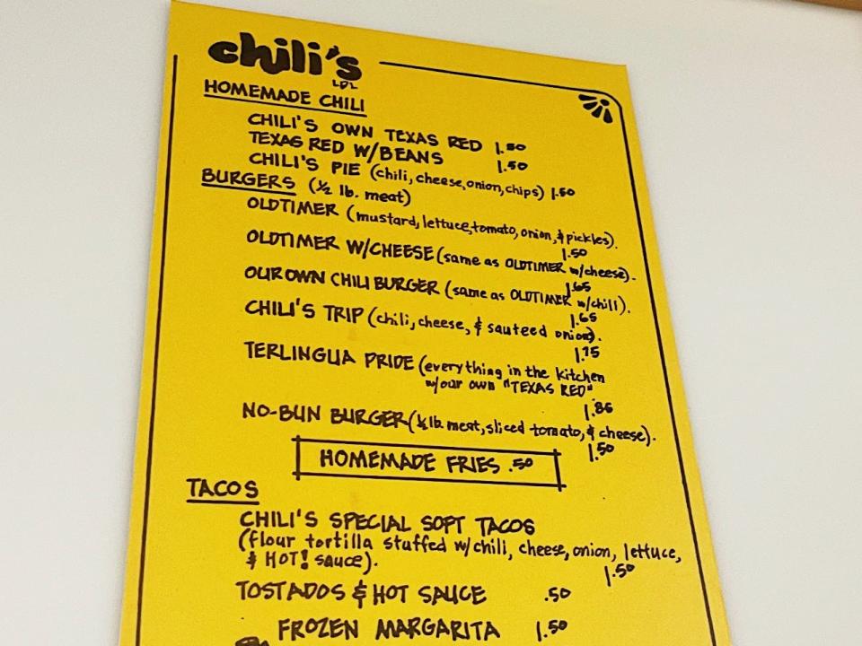 The first Chili's menu, as seen at the company's headquarters in Dallas.