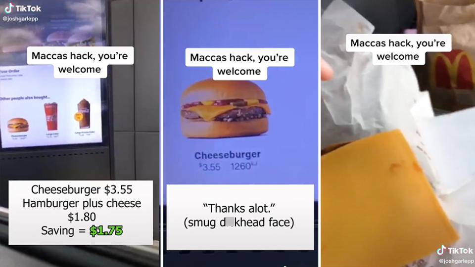 Pictured is the man ordering McDonald's through the drive-thru, on his TikTok, with the caption saying 'Maccas hack you're welcome'.