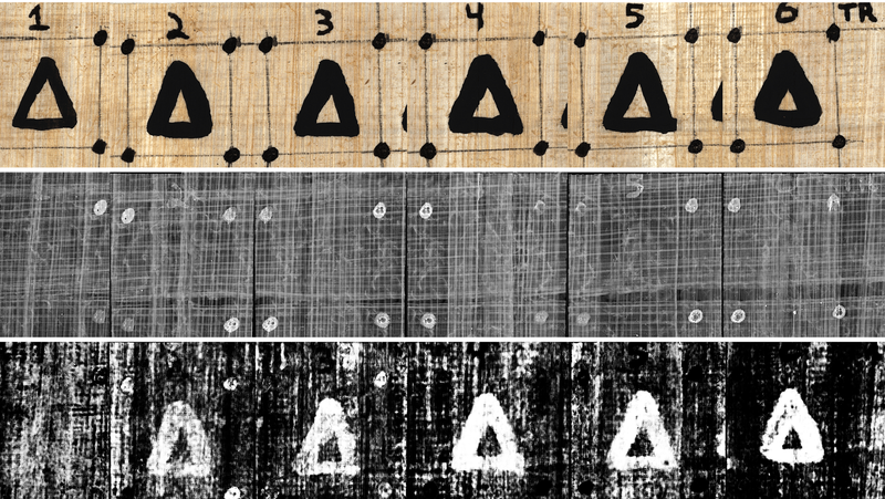 Top to bottom: A reference photograph of delta symbols, an integral texture image, and a network-generated carbon ink prediction image. - Image: <a class="link " href="https://journals.plos.org/plosone/article?id=10.1371/journal.pone.0215775" rel="nofollow noopener" target="_blank" data-ylk="slk:Parker et al., PLOS One 2019;elm:context_link;itc:0;sec:content-canvas">Parker et al., PLOS One 2019</a>