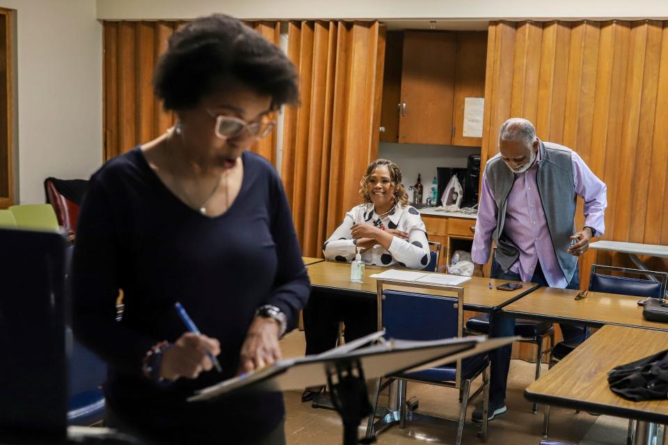 The Rev. Dr. Robyn Moore, 60, of Oak Park, and Bill Burke, director of Christian education, attend the Old Testament Survey bible study at the 108-year-old Historic First Baptist Institutional Church in Detroit on Tuesday, April 16, 2024. Churches around Detroit will continue to serve members and the Detroit community in a variety of ways, even during the days and hours that the NFL draft will be taking place.