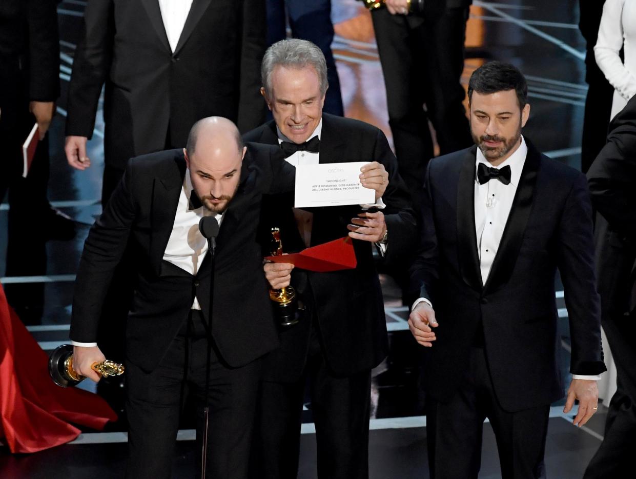 Producer, Jordan Horowitz, held the envelope, saying: “There’s a mistake. ‘Moonlight,’ you guys won best picture”: Getty Images