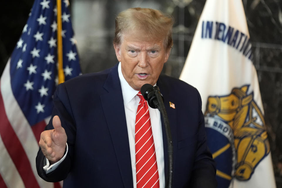 Republican presidential candidate former President Donald Trump speaks after meeting with members of the International Brotherhood of Teamsters at their headquarters in Washington, Wednesday, Jan. 31, 2024. (AP Photo/Andrew Harnik)