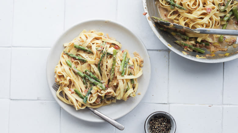 Plate of creamy asparagus pasta