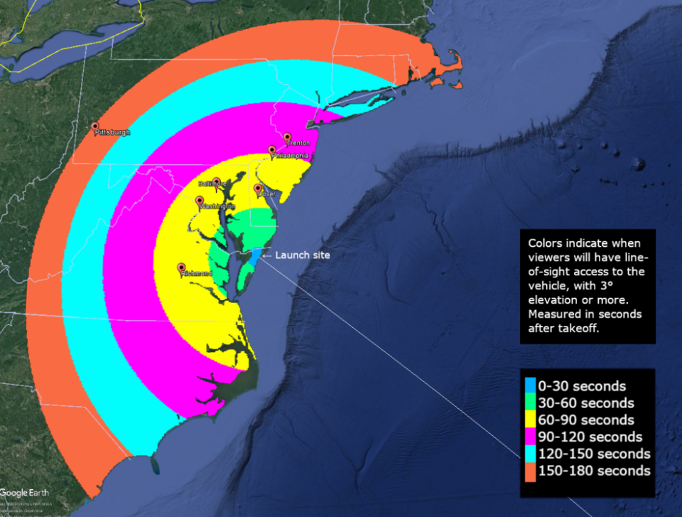 This graphic from NASA shows where people on the East Coast may be able to view the Antares launch Aug. 1, weather permitting.