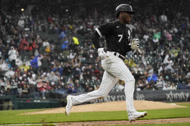 Tim Anderson homered and drove in three runs in the rain tonight. Eloy  Jiménez and Luis Robert also connected.