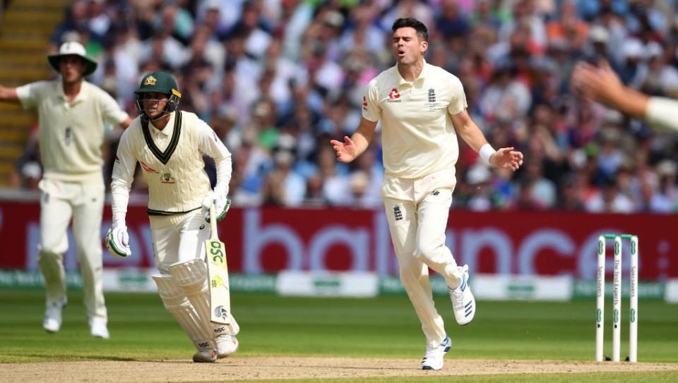 James Anderson of England reacts after bowling during day one of the 1st Specsavers Ashes Test between England and Australia at Edgbaston on August 01, 2019 in Birmingham, England. (Photo by Gareth Copley/Getty Images)