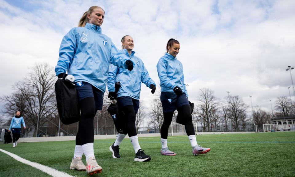 <span>Malmö FF’s Amanda Kander, Sanna Kullberg and Malin Gunnarsson.</span><span>Photograph: Sipa US/Alamy</span>