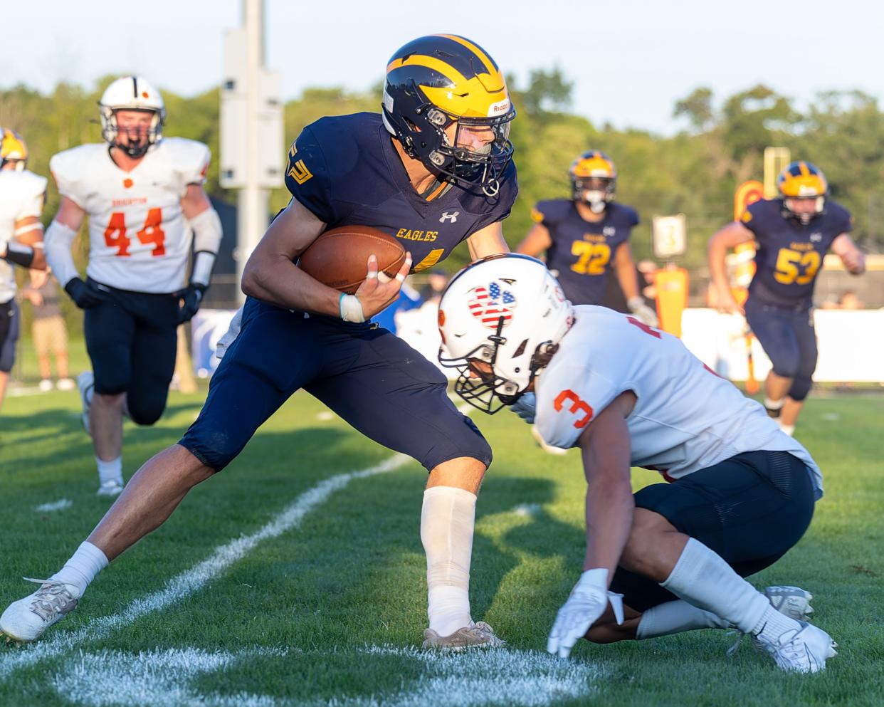 Hartland running back Joey Mattord and Brighton defensive back Ryan Velarde (3) made the All-Kensington Lakes Activities Association football team.