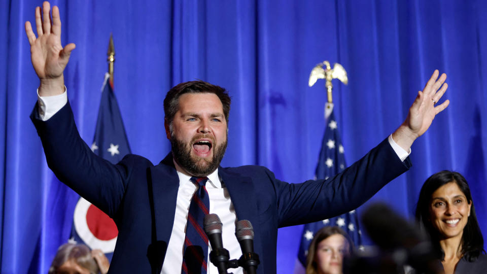 JD Vance gestures as he speaks during the Ohio Republican Party election night watch party reception in Columbus, Ohio, on November 8, 2022. (Paul Vernon/AFP via Getty Images)