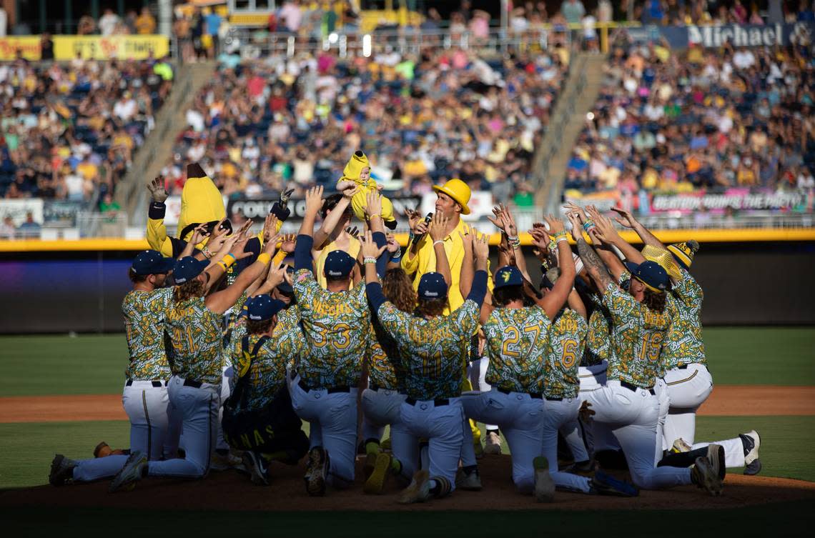 The Savannah Bananas perform their pre-game show at Durham Bulls Athletic Park in Durham, N.C. on Friday, July 14, 2023.