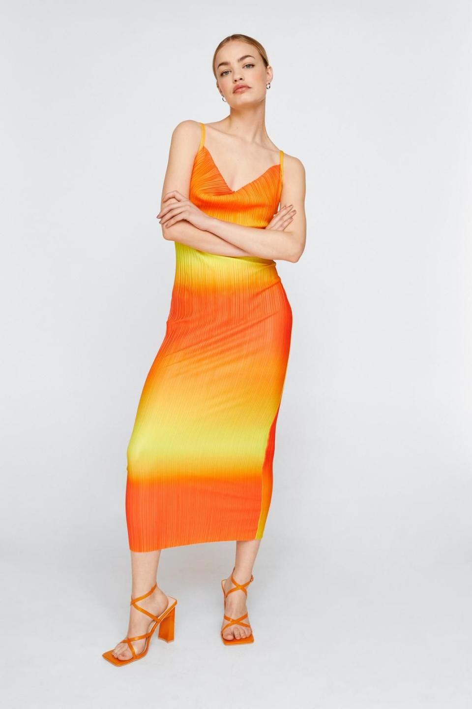 Nasty Gal Ombre Plisse Cowl Neck Midi Dress