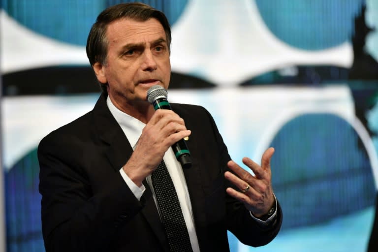 Brazilian presidential candidate Jair Bolsonaro (PSL), speaks during the second presidential debate ahead of the October 7 general election, at Rede TV television network in Sao Paulo, Brazil, on August 17, 2018