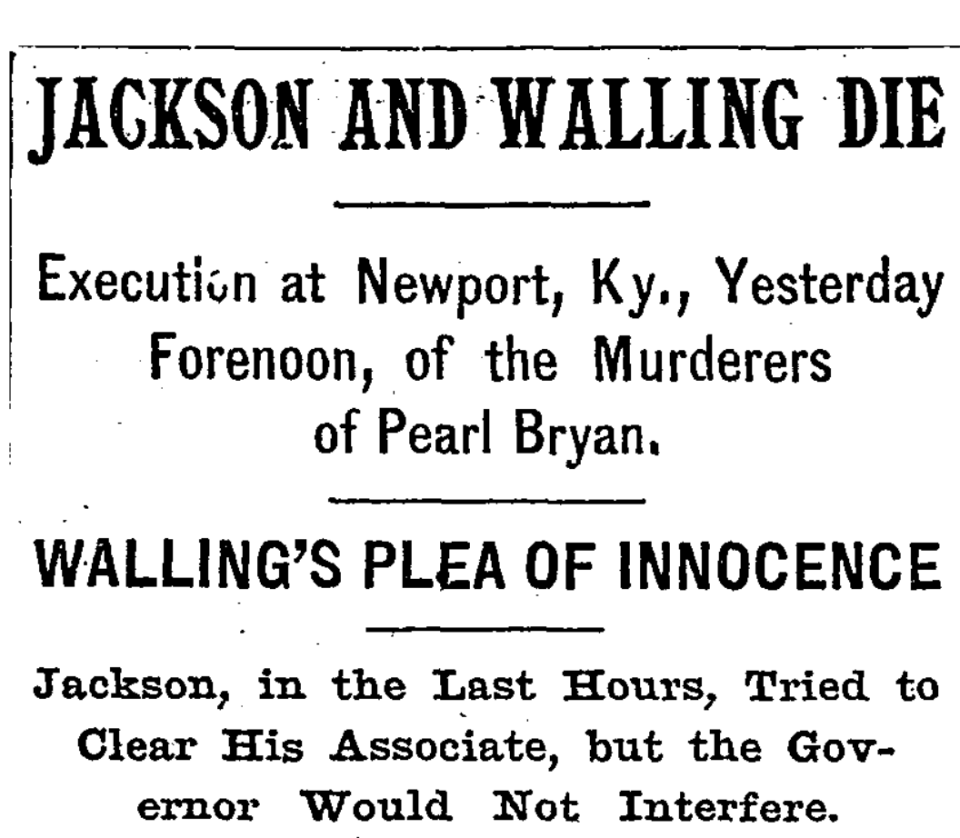 New York Times headline announcing the joint hanging of Pearl Bryan's killers.