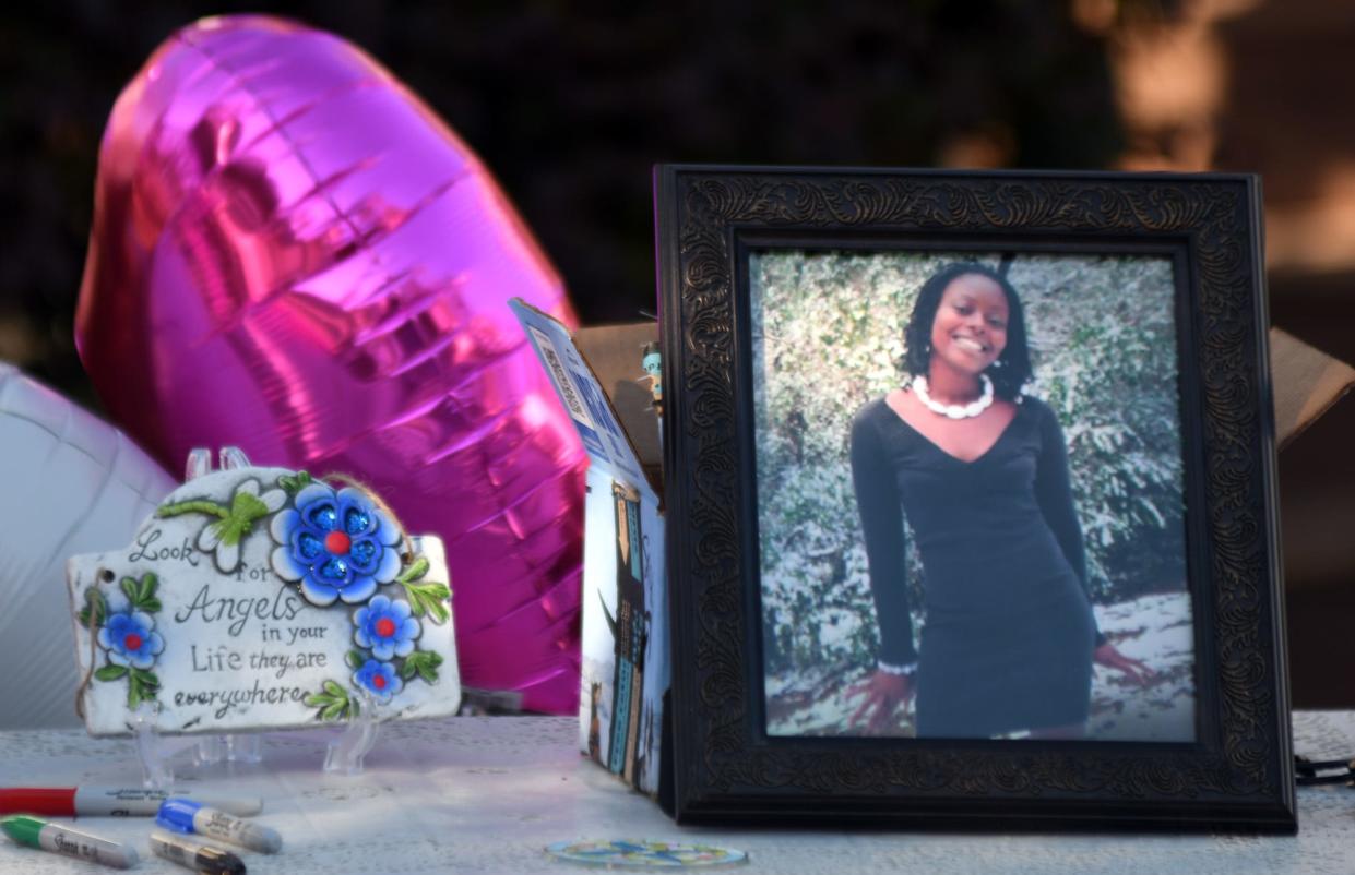 Friends and family of Ebonee Spears gather at a drive-by tribute for Spears at the home of Spears' mother Harriet Rivers in Wilmington, N.C., Friday, January 15, 2021. Spears was last seen Jan. 14, 2016, when she apparently attempted to make a phone call at the Wilmington Police Department, then wandered away.