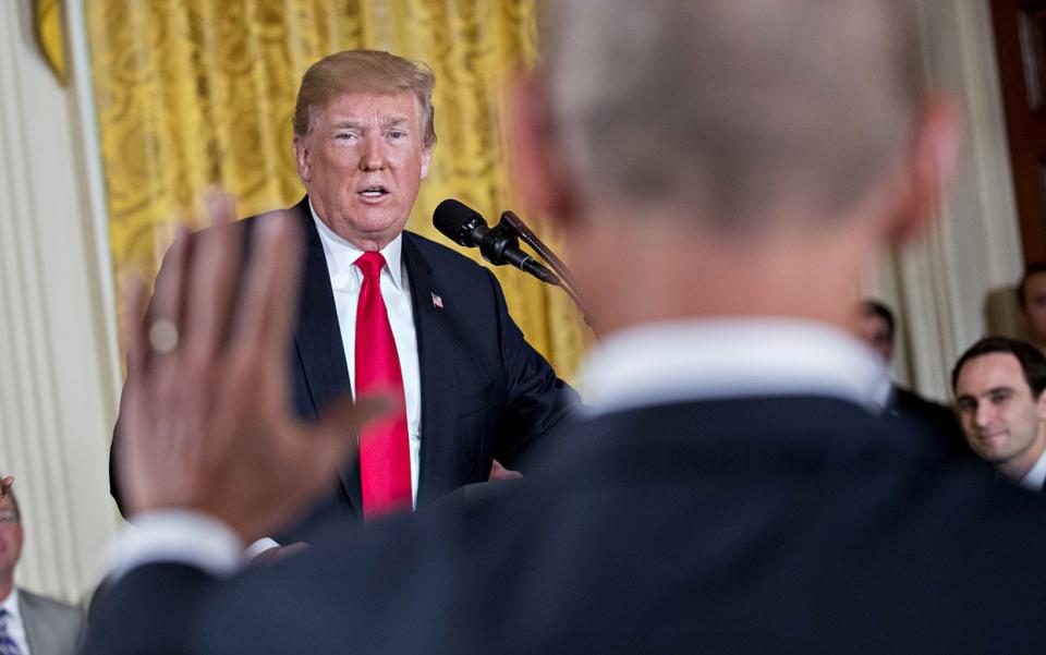 U.S. President Donald Trump spoke to the National Space Council in the East Room of the White House in Washington, D.C. on June 18, 2018. <cite>Andrew Harrer/Bloomberg/Getty</cite>