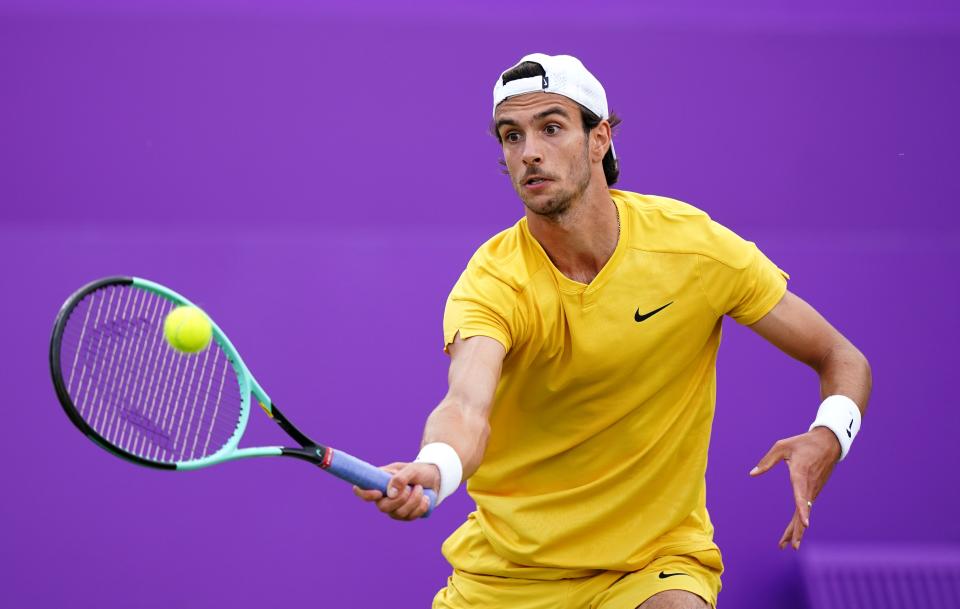 Lorenzo Musetti in action in the men’s singles today (Zac Goodwin/PA Wire)