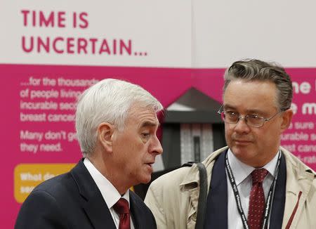 Britain's shadow chancellor John McDonnell speaks to a journalist during the second day of the Labour Party conference in Liverpoool, Britain, September 26, 2016. REUTERS/Darren Staples