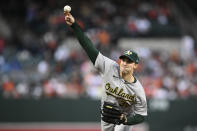 Oakland Athletics starting pitcher Ross Stripling throws during the first inning of a baseball game against the Baltimore Orioles, Friday, April 26, 2024, in Baltimore. (AP Photo/Nick Wass)