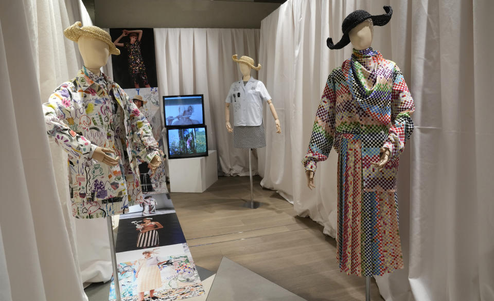 Creations of the Arthur Arbesser women's Spring Summer 2022 collection, are displayed during the Fashion Week in Milan, Italy, Saturday, Sept. 25, 2021. (AP Photo/Antonio Calanni)