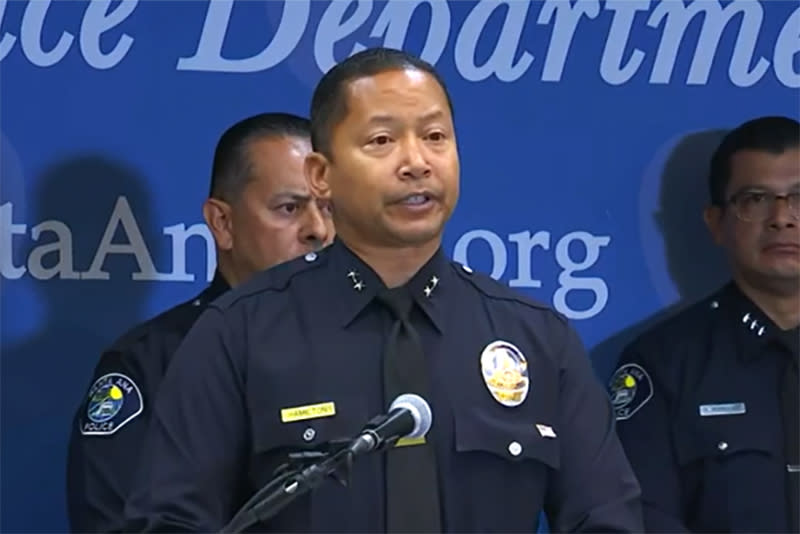 Deputy Chief Alan Hamilton of the Santa Ana Police Dept speaks to the media on July 15, 2022. (NBC News)