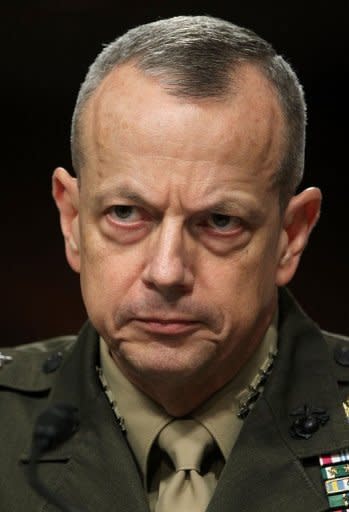 US General John Allen -- who is in charge of NATO's 130,000 troops in Afghanistan -- testifies before a Senate Committee in March 2012. Allen has offered to help local security forces track and capture the men involved in what he called "an atrocity of unspeakable cruelty". A manhunt is under way for Taliban militants who publicly executed a woman accused of adultery