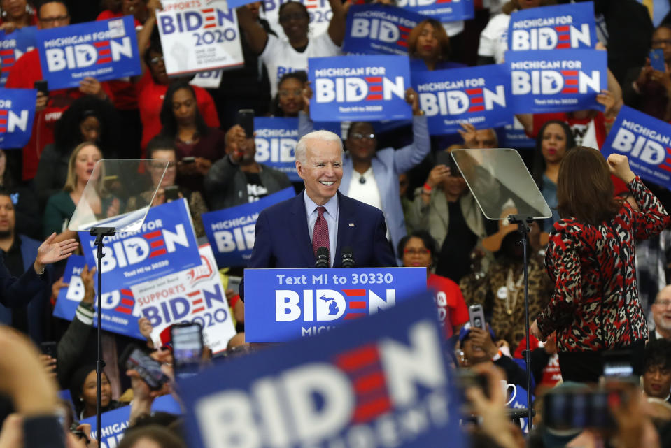 FILE - In this March 9, 2020, file photo Democratic presidential candidate former Vice President Joe Biden speaks during a campaign rally at Renaissance High School in Detroit. Given Biden’s uneven performance as a campaigner throughout the Democratic primary, some in the party are content to have the former vice president keeping a lower profile for now, though they know it’s not a dynamic that can sustain itself as Election Day draws closer. (AP Photo/Paul Sancya, File)