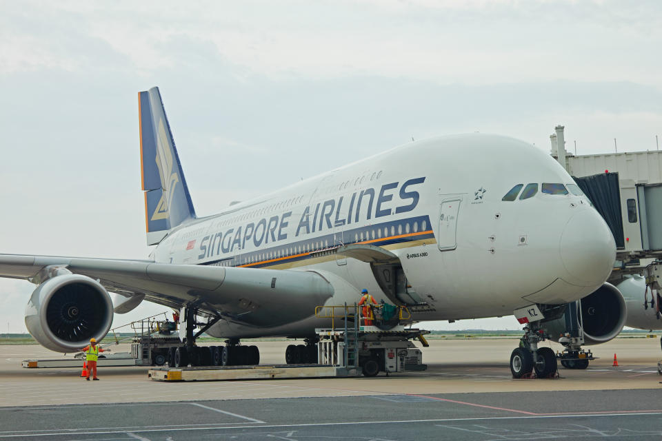 A Singapore Airlines Airbus A380 jumbo is seen docked at Pudong Airport in Shanghai, China.