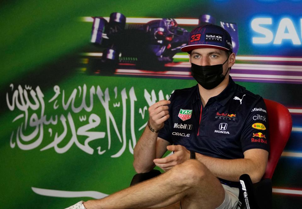 Red Bull’s Dutch driver Max Verstappen gestures during press conference ahead of the Saudi Arabian Grand Prix (Getty)