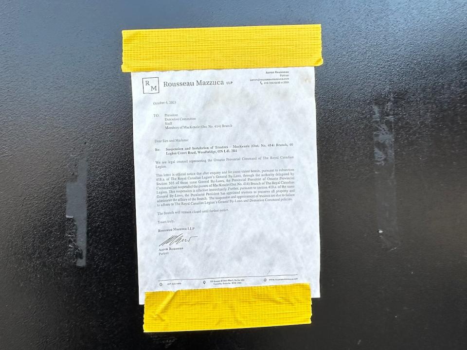 A letter from a lawyer, dated last year and taped to the door of Branch 414, warns members that the branch's charter has been suspended. Last week, that charter was revoked after 75 years in operation.