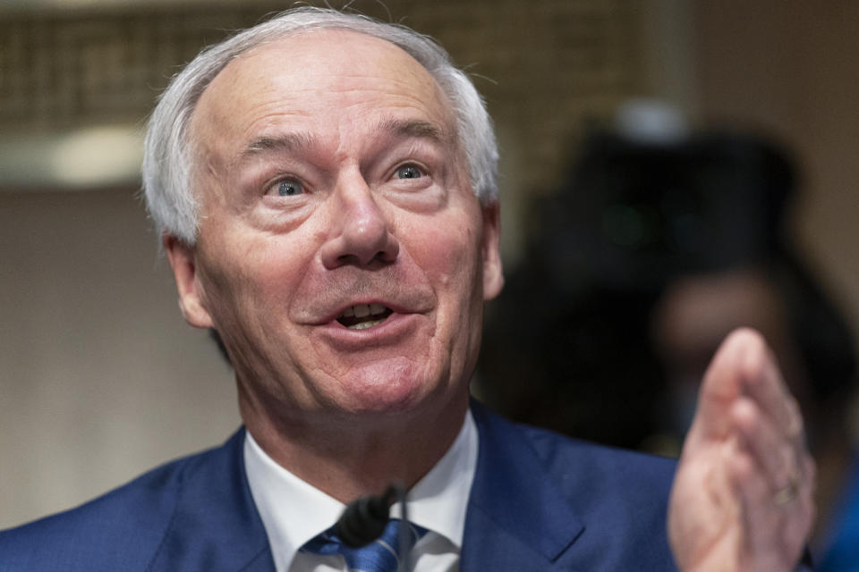 Arkansas Gov. Asa Hutchinson testifies before a Senate Judiciary Committee hearing on Federal sentencing for crack and powder cocaine, on Capitol Hill in Washington, Tuesday, June 22, 2021. (AP Photo/Manuel Balce Ceneta)