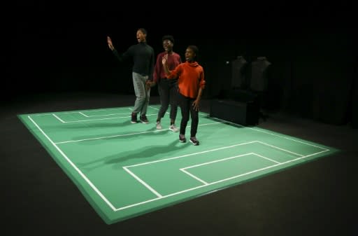 Actors Emile Clarke (left), Zara Gabbidon (centre) and Sabrina Laurison (right) perform 'Getting the Third Degree' in Cardiff