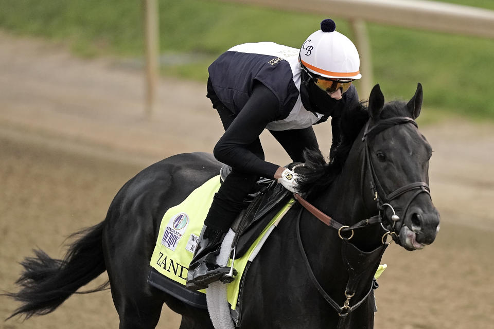 Kentucky Derby entrant Zandon works out at Churchill Downs Wednesday, May 4, 2022, in Louisville, Ky. The 148th running of the Kentucky Derby is scheduled for Saturday, May 7. (AP Photo/Charlie Riedel)
