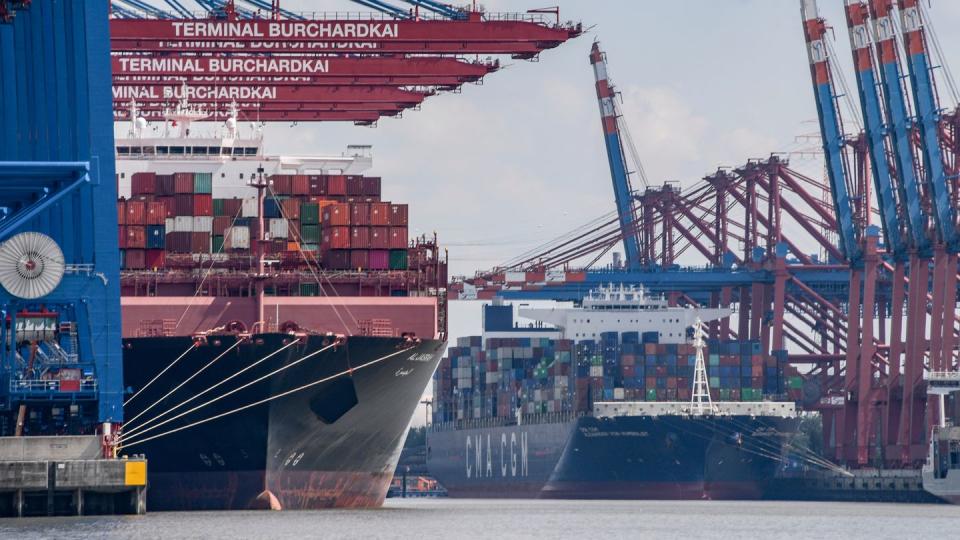 Containerschiffe werden am Terminal Burchardkai (l.) und am Eurogate (r.) in Hamburg entladen.