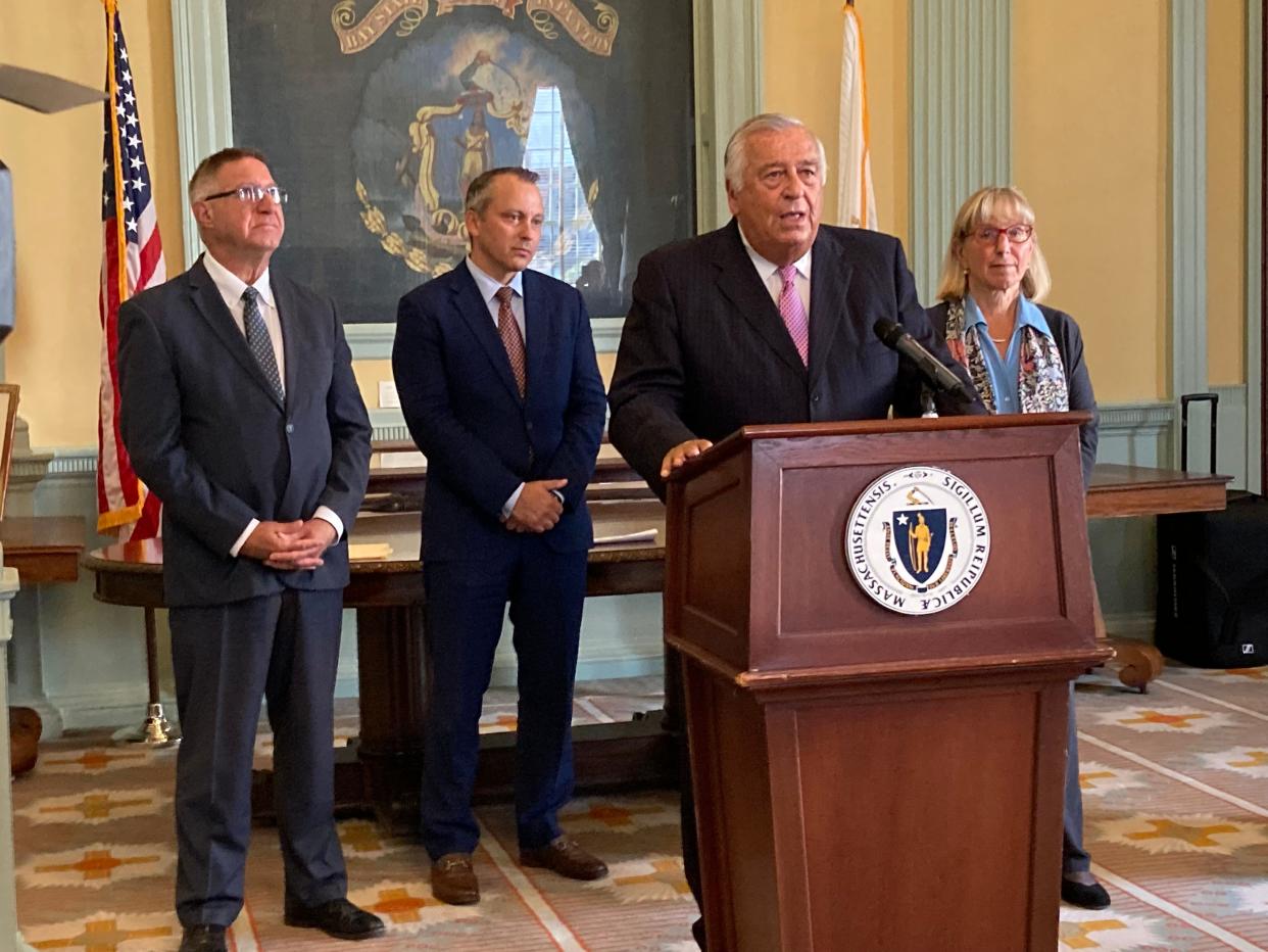 The Massachusetts legislative leadership announced its compromise tax relief package that they guarantee will put more money in many residents' pockets, from left, Sen. Michael Rodrigues, D-Westport, Rep. Aaron Michlewitz, D-Boston, House Speaker Ronald Mariano, D-Westport, and Senate President Karen Spilka, D-Ashland.